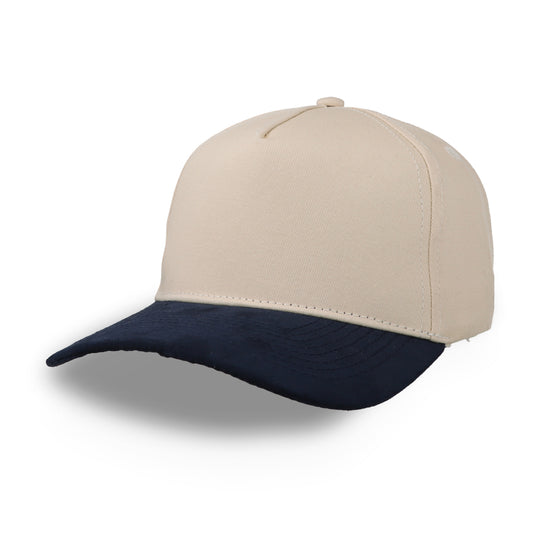 Gorra Sportcaps de 5 Paneles Crema y Visera de Gamuza Azul Marino Ajustable